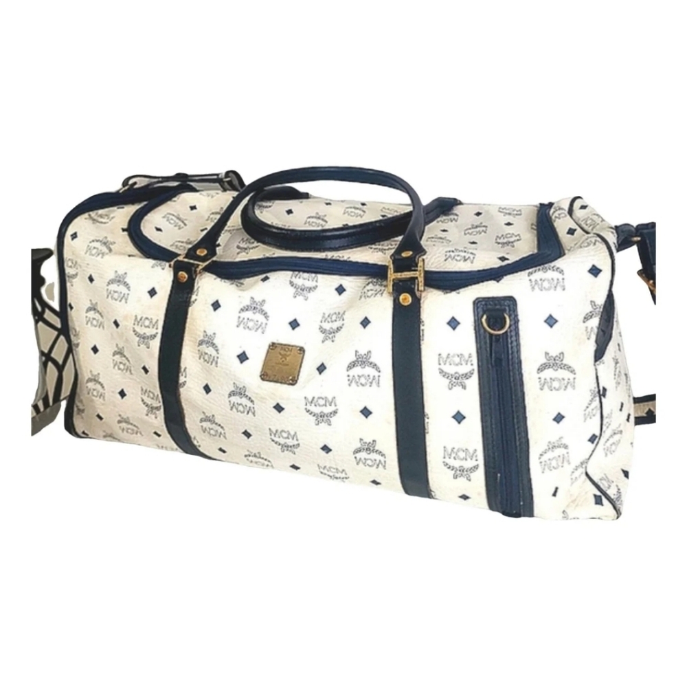 MCM Duffel Boston Traveler Trunk Bag w/ Long Strap Navy Blue White Duffle